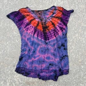 Purple Orange Ruffled T-Shirt Tee Shirt Hippie Hippy Blouse Women’s M MD Medium